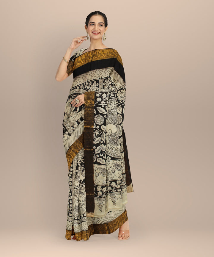 Black cream mustard silk hand painted kalamkari saree