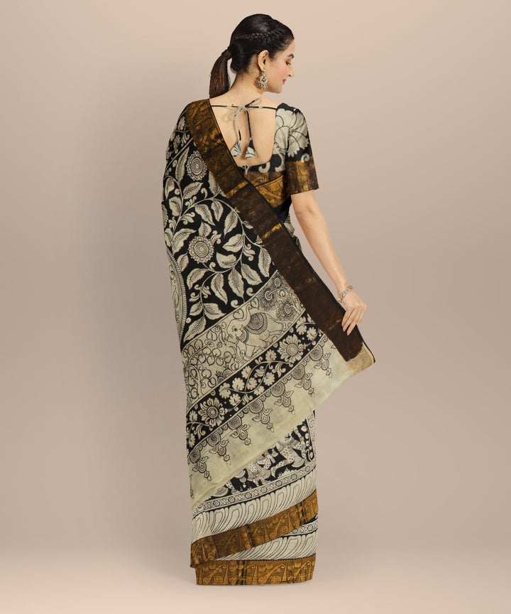 Black cream mustard silk hand painted kalamkari saree