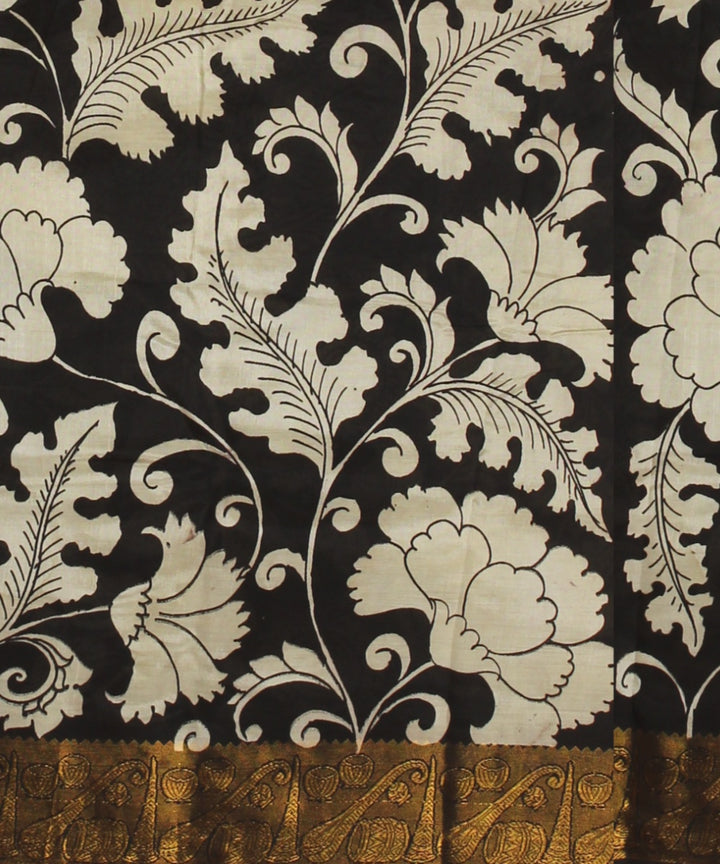 Black cream mustard silk hand painted kalamkari saree