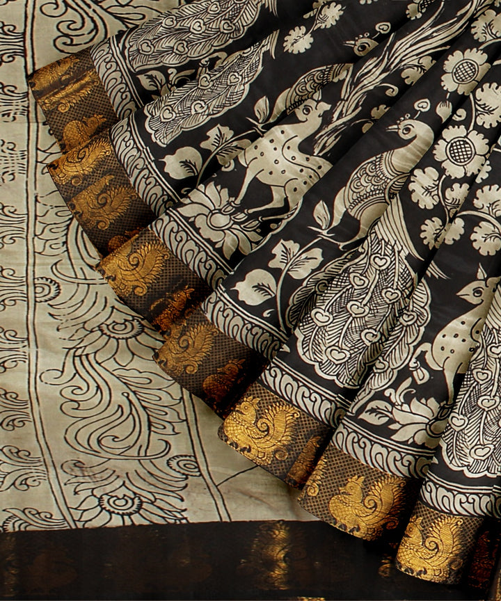 Black cream mustard hand painted kalamkari silk saree
