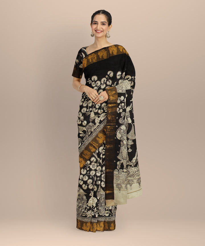 Black cream mustard hand painted kalamkari silk saree