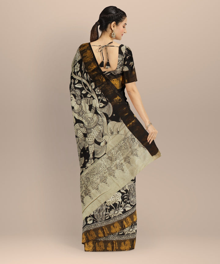 Black cream mustard hand painted kalamkari silk saree