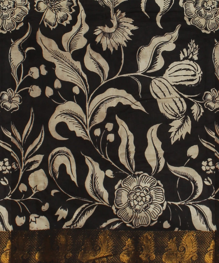 Black cream mustard hand painted kalamkari silk saree