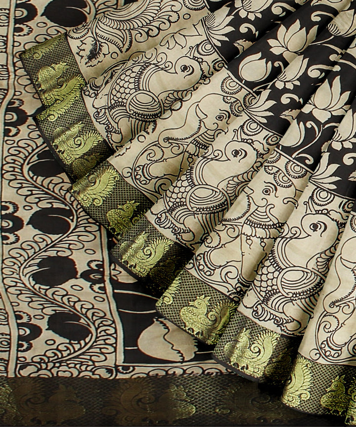 Black cream silk hand painted kalamkari saree