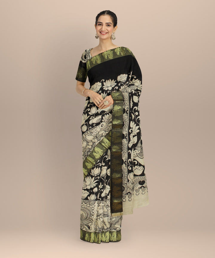 Black cream silk hand painted kalamkari saree
