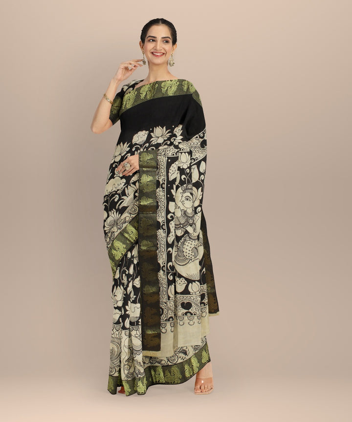 Black cream silk hand painted kalamkari saree