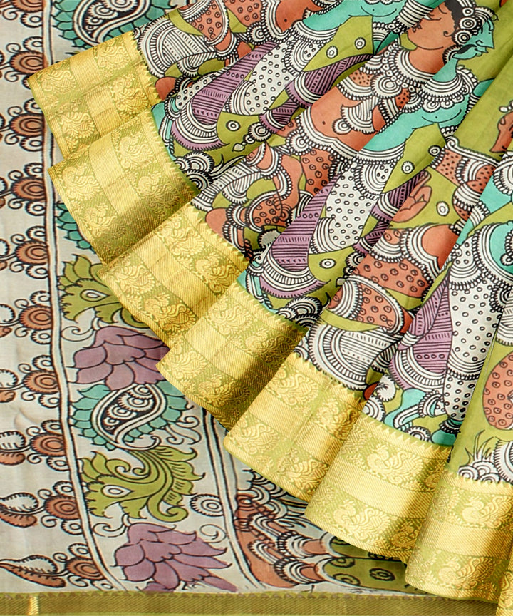 Olive green yellow silk hand painted kalamkari saree