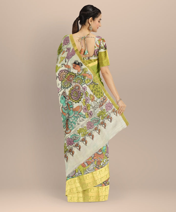 Olive green yellow silk hand painted kalamkari saree