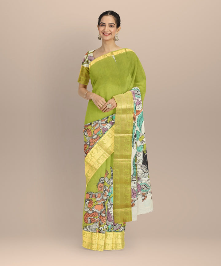 Olive green yellow silk hand painted kalamkari saree