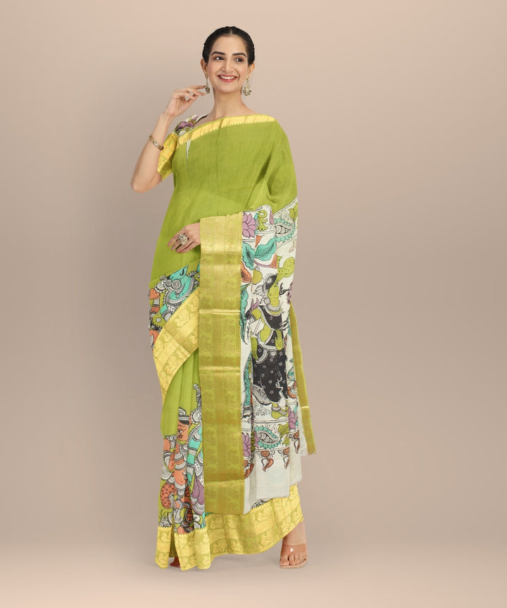 Olive green yellow silk hand painted kalamkari saree