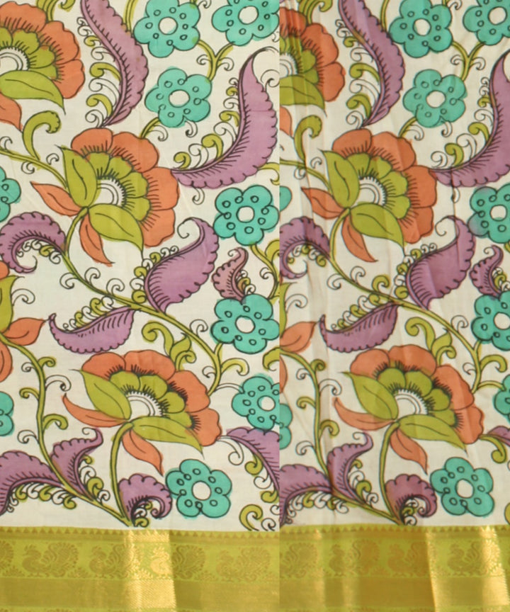 Olive green yellow silk hand painted kalamkari saree