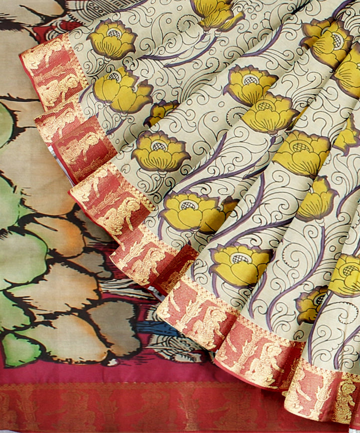 Cream maroon silk hand painted kalamkari saree