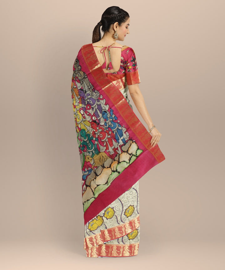 Cream maroon silk hand painted kalamkari saree