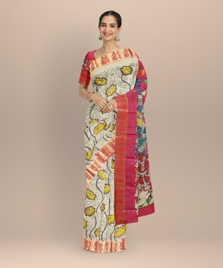 Cream maroon silk hand painted kalamkari saree