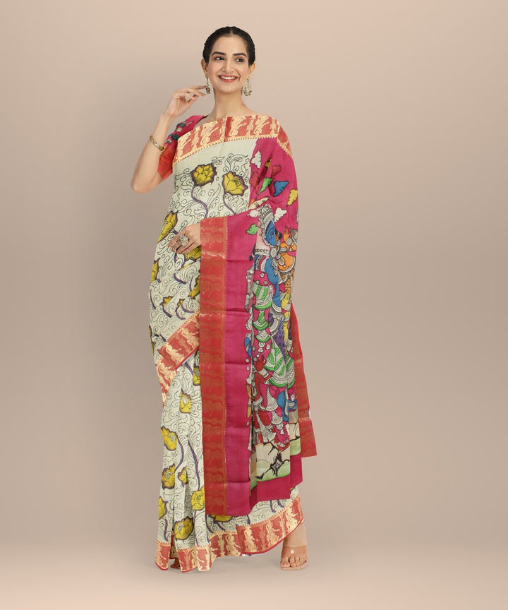 Cream maroon silk hand painted kalamkari saree