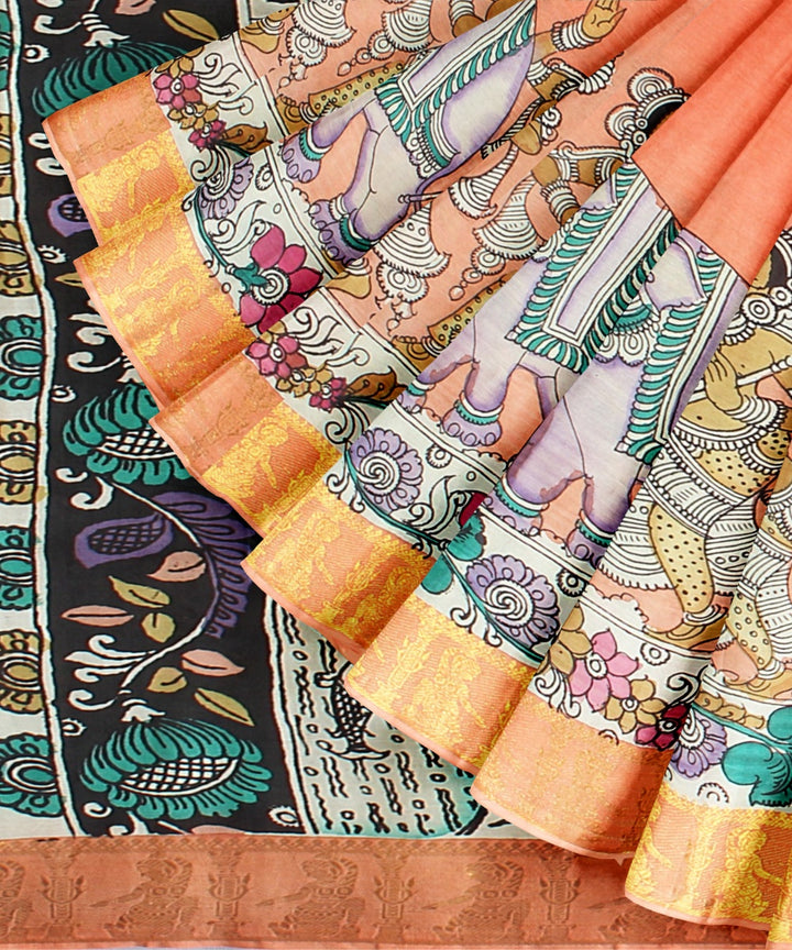 Peach multicolors silk hand painted kalamkari saree