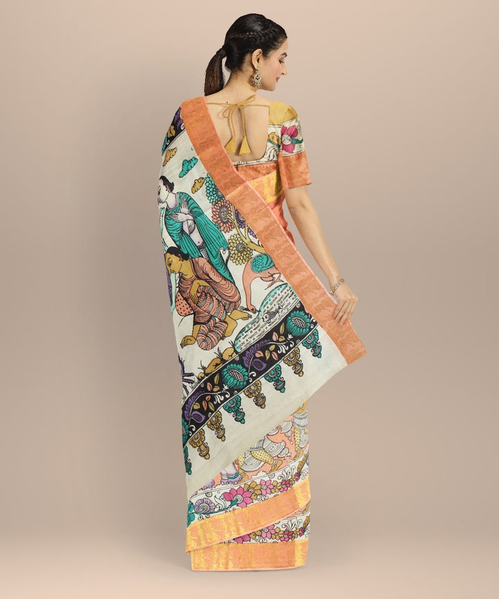 Peach multicolors silk hand painted kalamkari saree