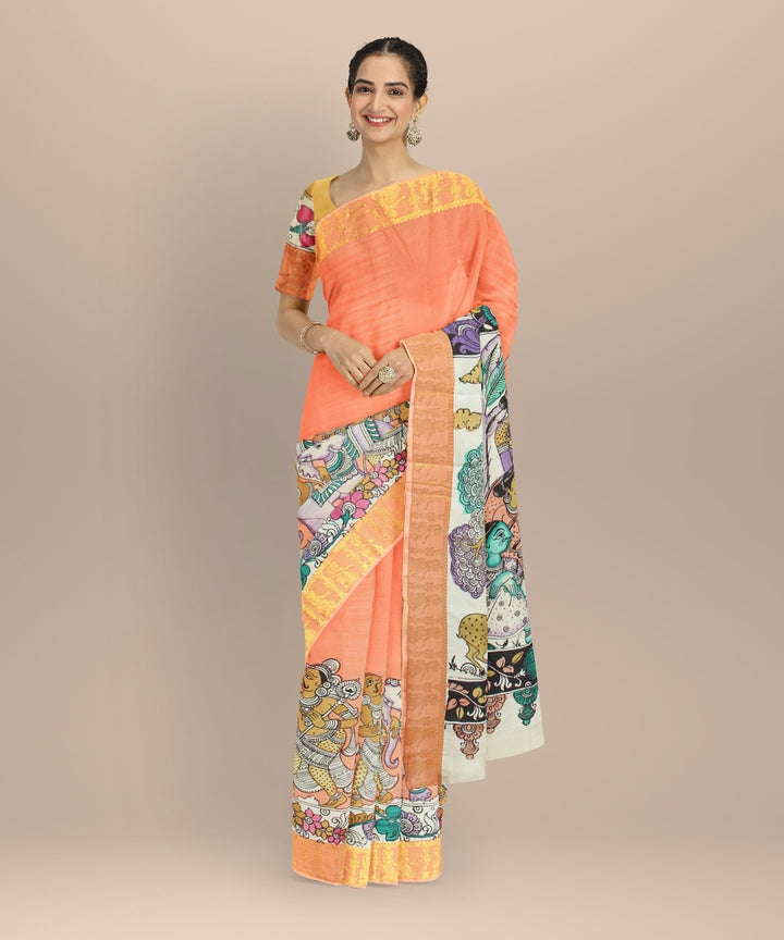 Peach multicolors silk hand painted kalamkari saree