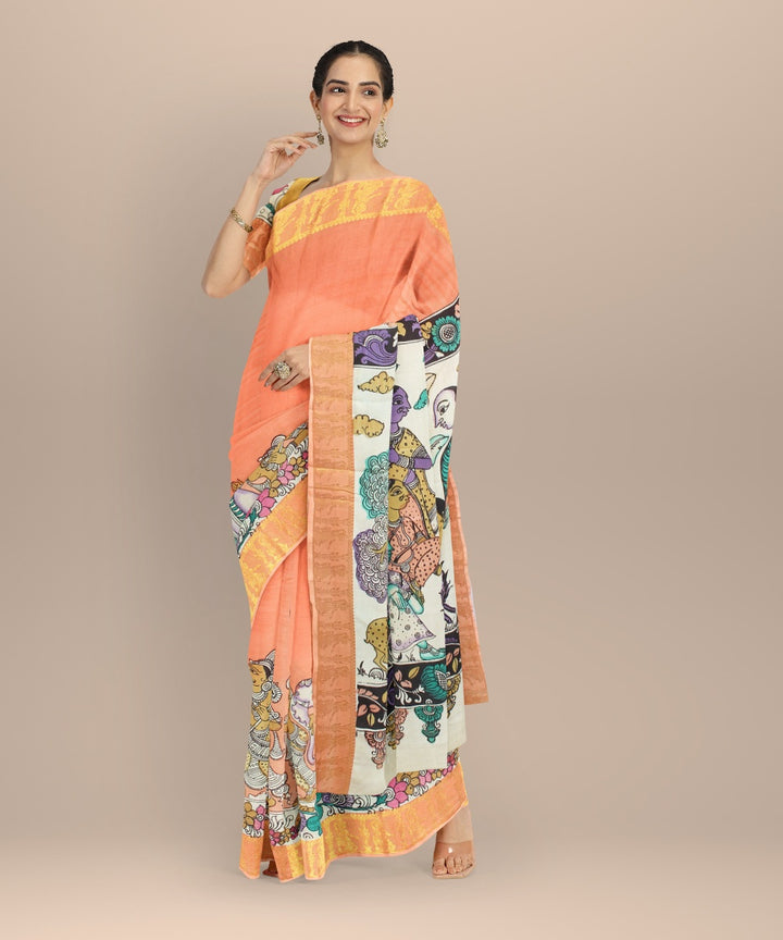 Peach multicolors silk hand painted kalamkari saree