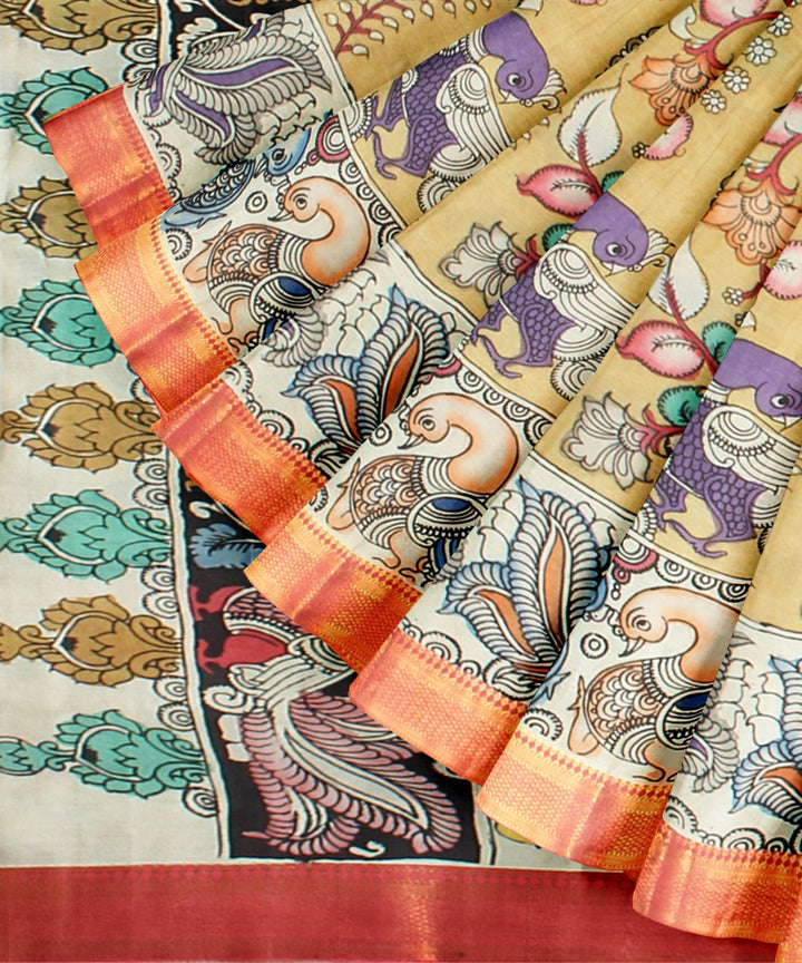 Cream multicolors silk hand painted kalamkari saree