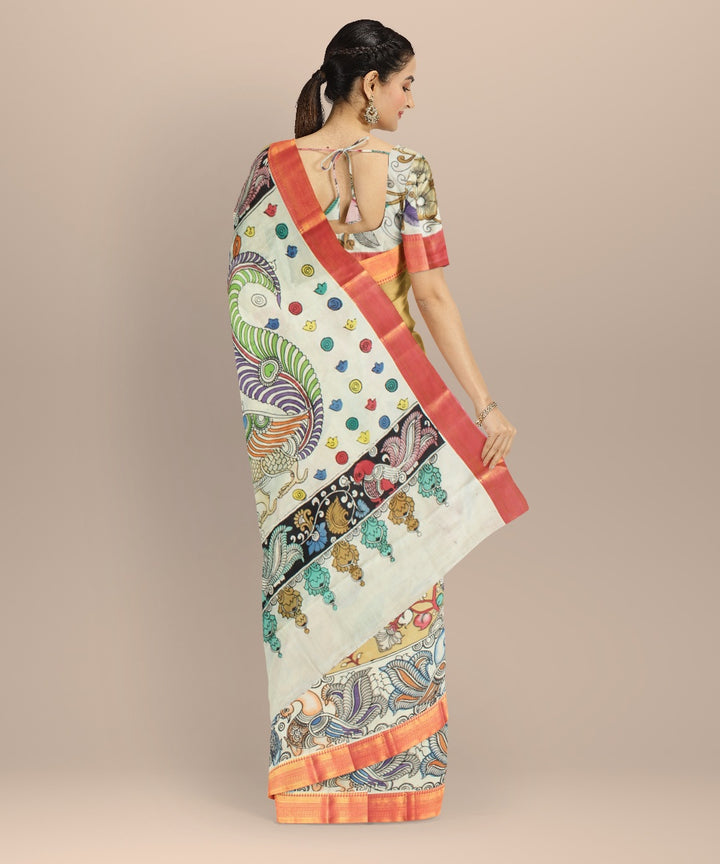 Cream multicolors silk hand painted kalamkari saree