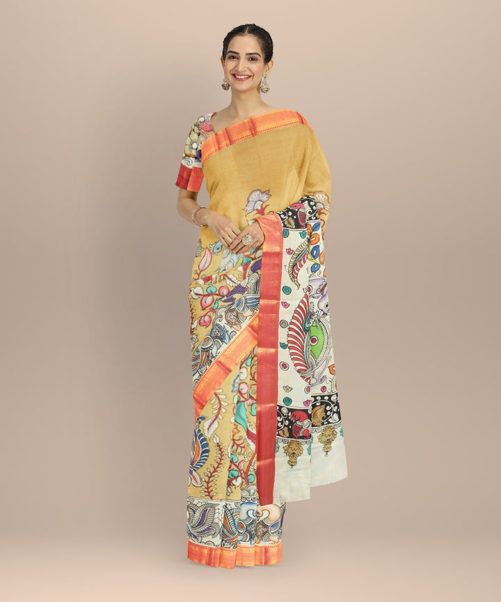 Cream multicolors silk hand painted kalamkari saree