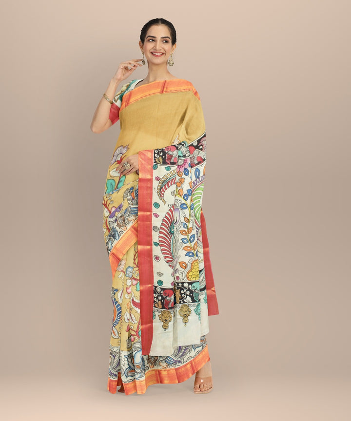 Cream multicolors silk hand painted kalamkari saree