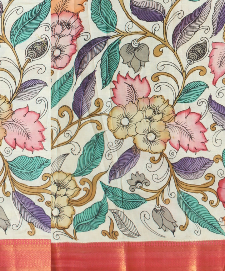 Cream multicolors silk hand painted kalamkari saree