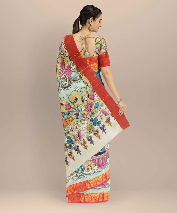 Dark green multicolors silk hand painted kalamkari saree