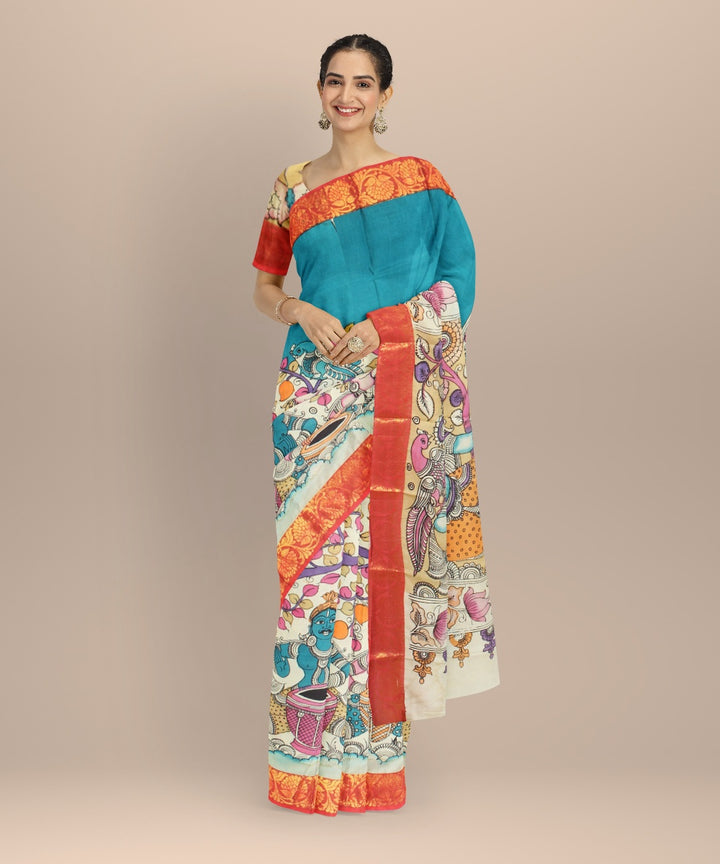 Dark green multicolors silk hand painted kalamkari saree