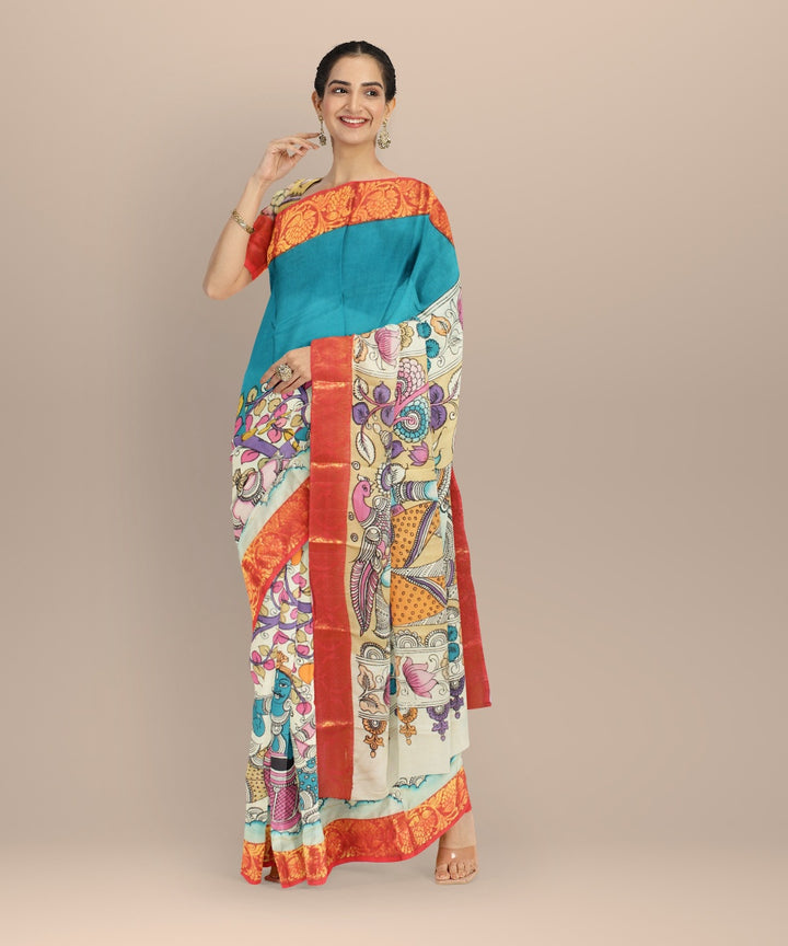 Dark green multicolors silk hand painted kalamkari saree