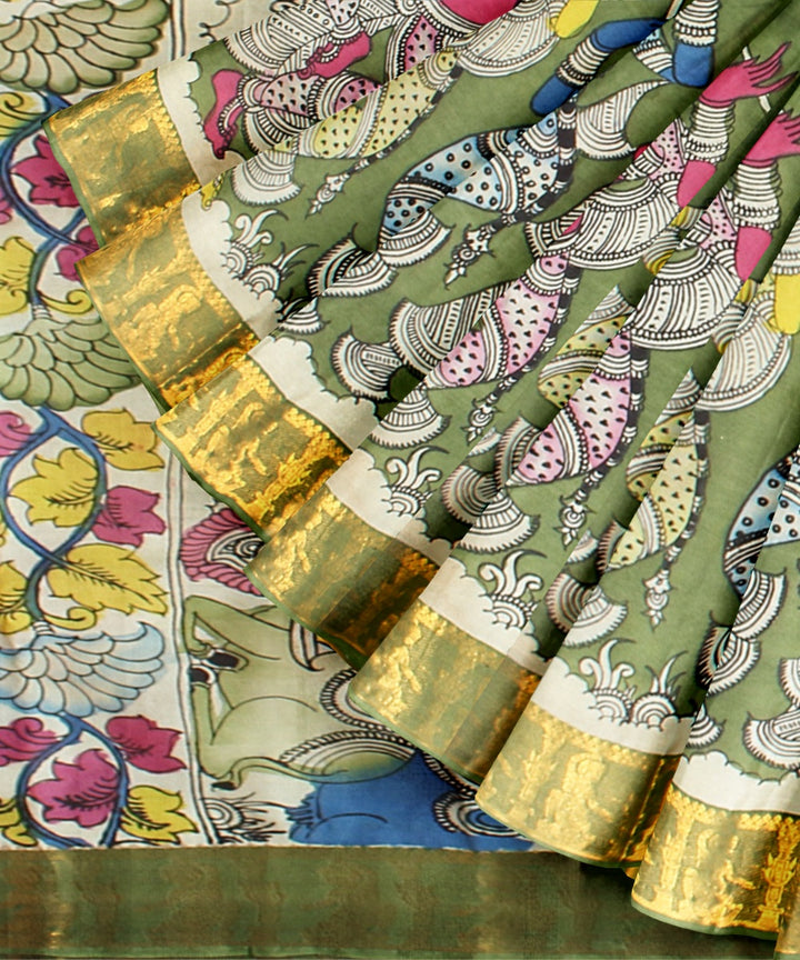 Olive green multicolors hand painted kalamkari silk saree