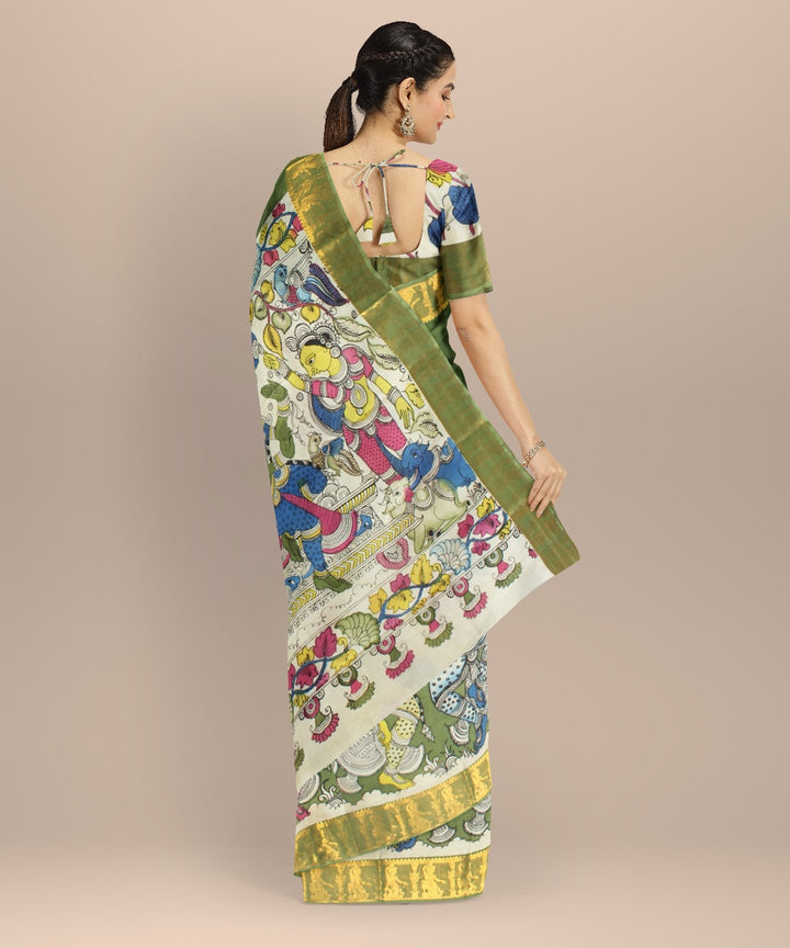Olive green multicolors hand painted kalamkari silk saree
