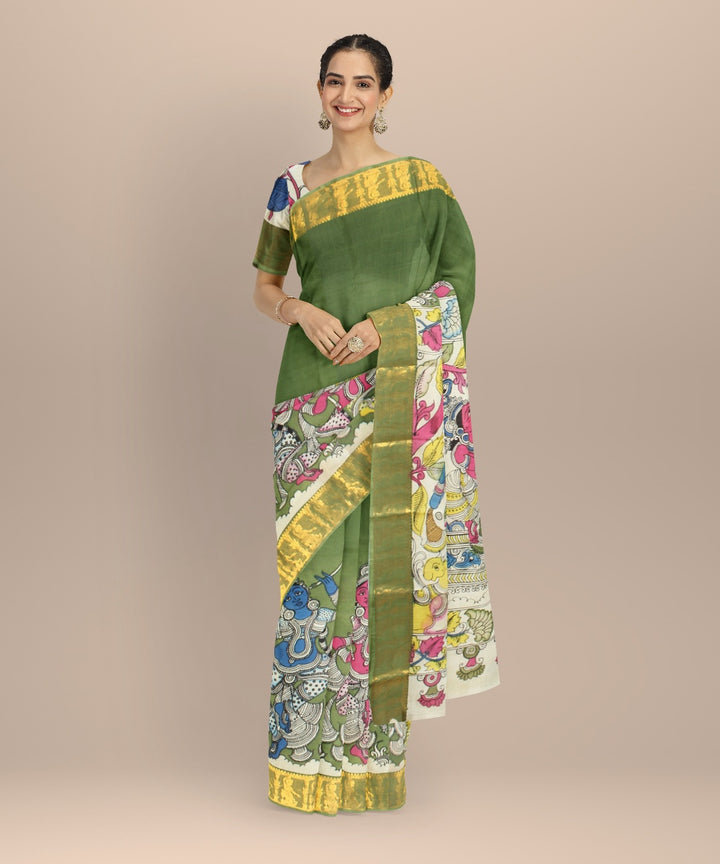 Olive green multicolors hand painted kalamkari silk saree