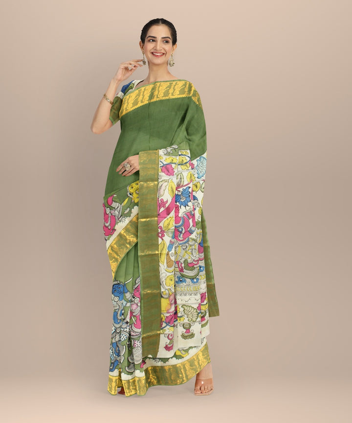 Olive green multicolors hand painted kalamkari silk saree