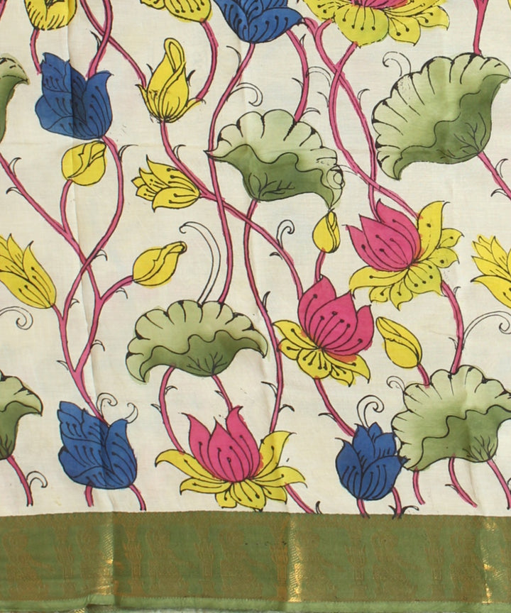 Olive green multicolors hand painted kalamkari silk saree