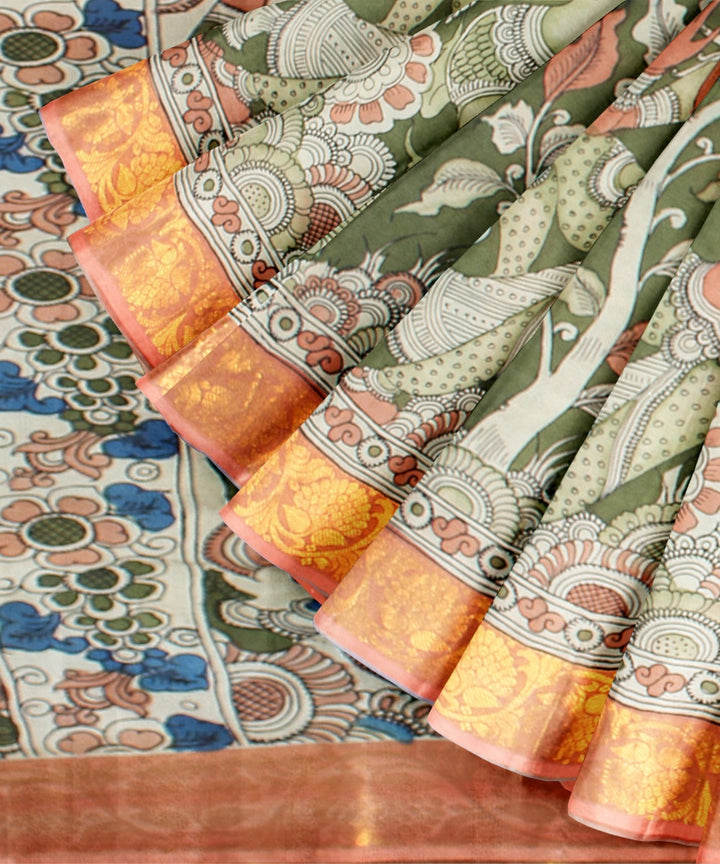 Olive green multicolors silk hand painted kalamkari saree
