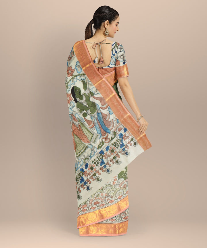 Olive green multicolors silk hand painted kalamkari saree