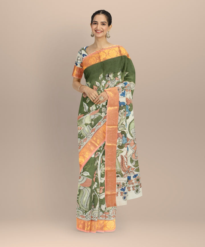 Olive green multicolors silk hand painted kalamkari saree