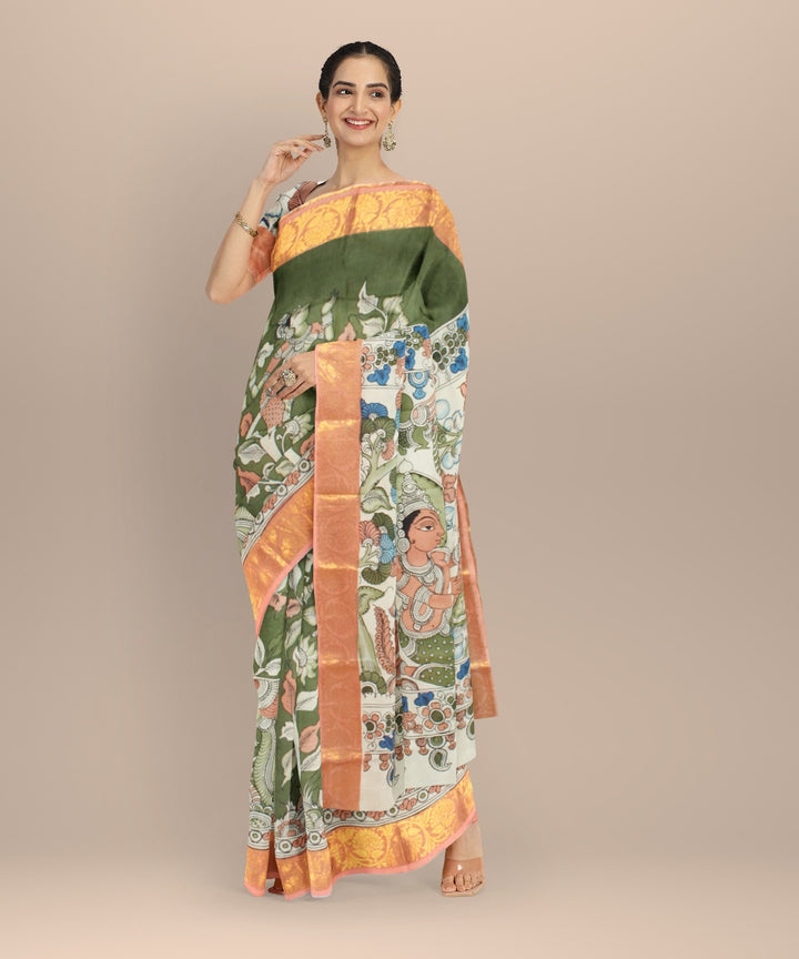 Olive green multicolors silk hand painted kalamkari saree