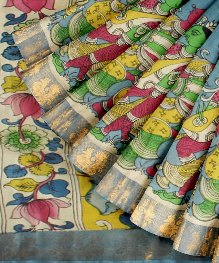 Turquoise multicolors silk hand painted kalamkari saree