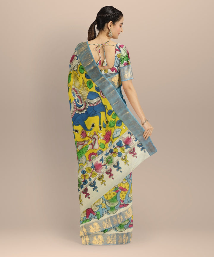 Turquoise multicolors silk hand painted kalamkari saree