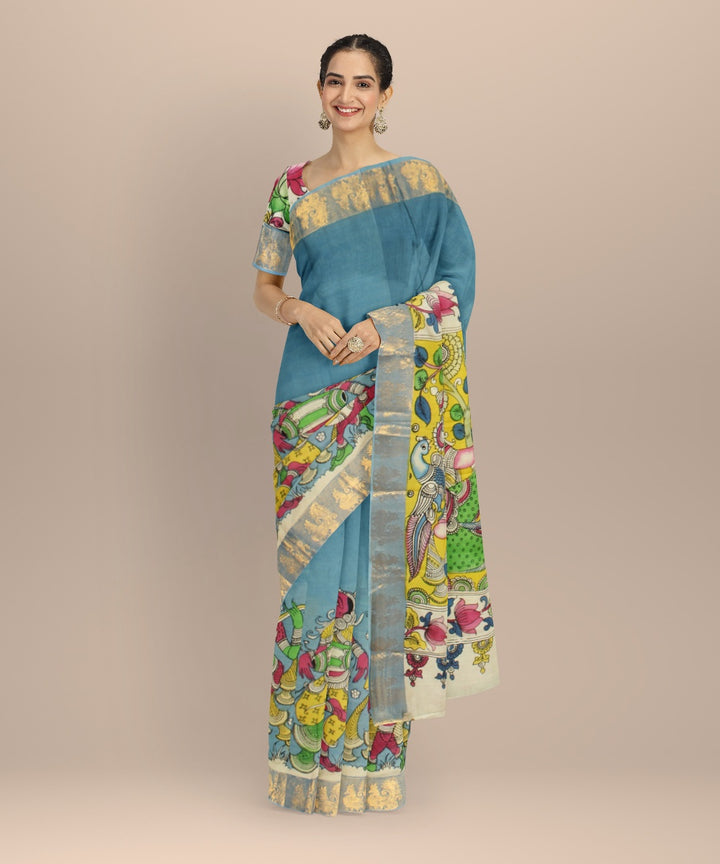 Turquoise multicolors silk hand painted kalamkari saree