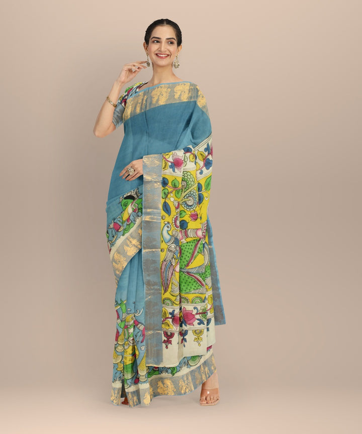 Turquoise multicolors silk hand painted kalamkari saree