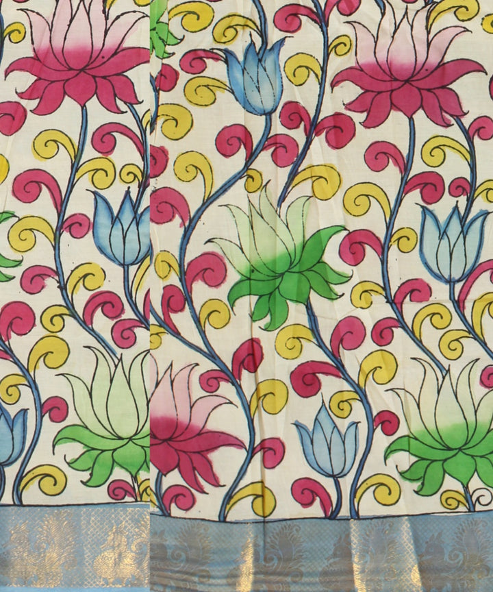 Turquoise multicolors silk hand painted kalamkari saree