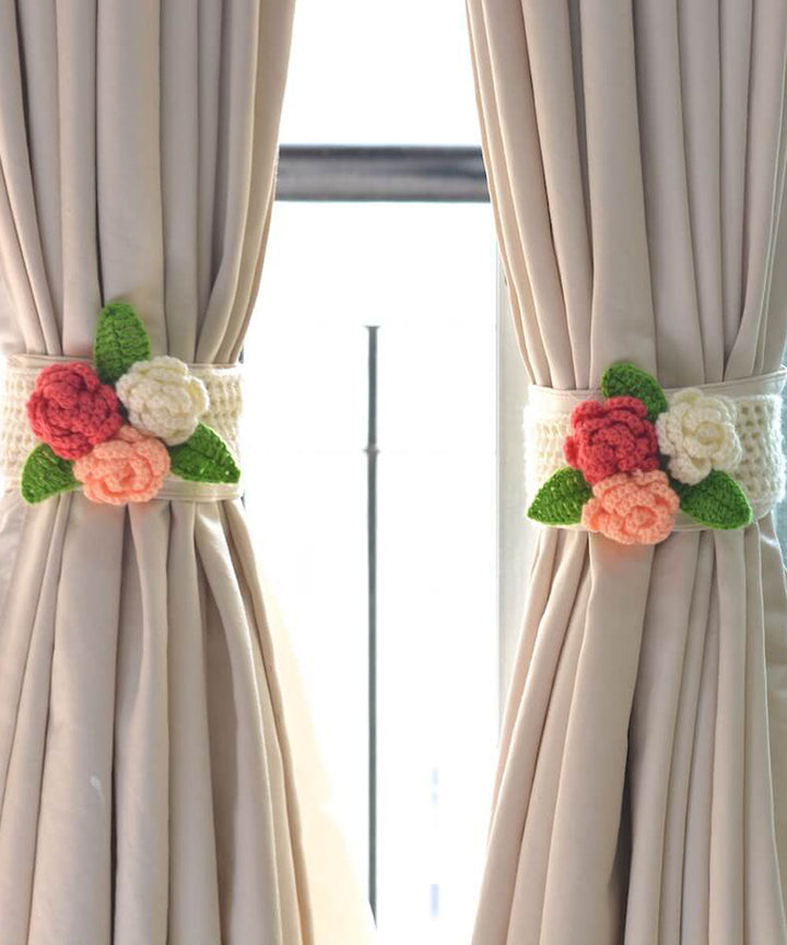 Multicolor wool hand knitted curtain belt set of 2