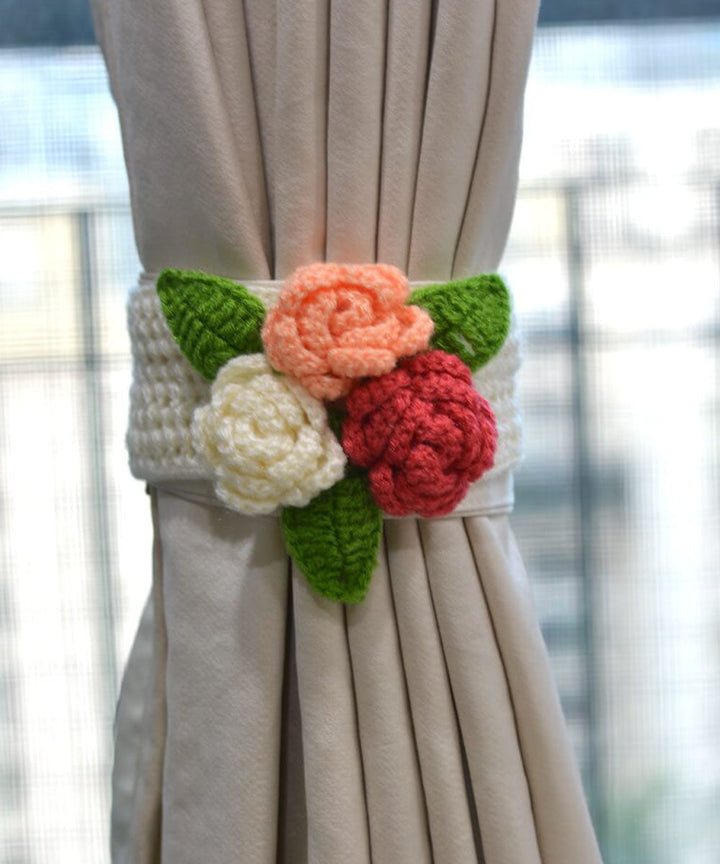 Multicolor wool hand knitted curtain belt set of 2