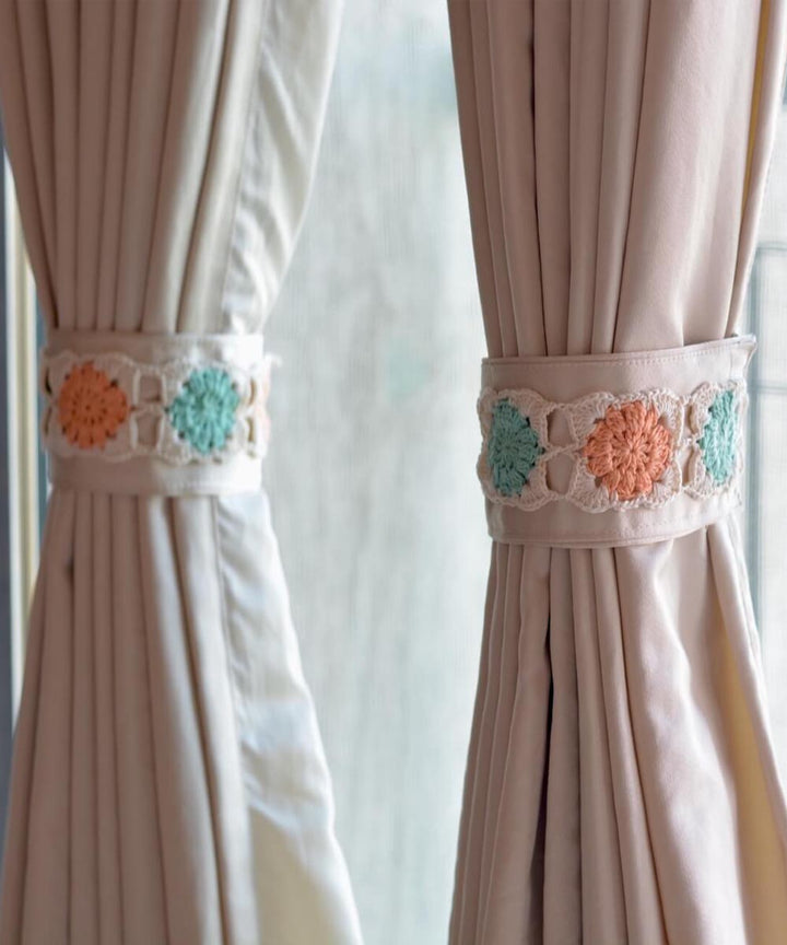 Peach sea blue cotton hand knitted curtain belt