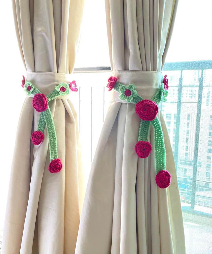 Light green dark pink wool hand knitted curtain belt set of 2