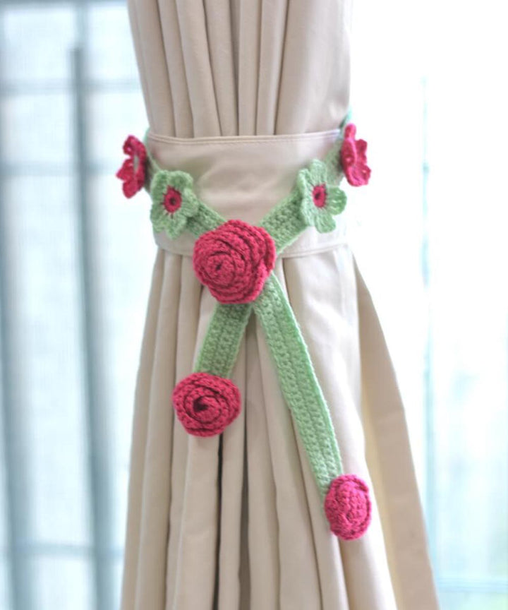 Light green dark pink wool hand knitted curtain belt set of 2